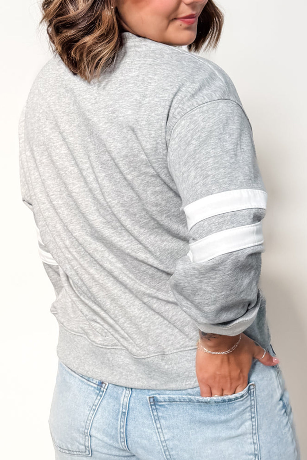 Light Grey Varsity Striped Detail Crew Neck Plus Sweatshirt Dear-Lover Dropshipping